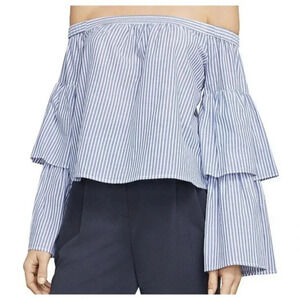 BCBGMAXAZRIA Off The Shoulder Ruffle Tiered Sleeve Blue White Stripe Coastal XXS